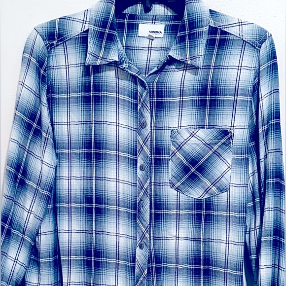Sonoma Shirt/comfy flannel/ Women/Men. Retroish Blue/White Plaid.Metal Buttons - Picture 2 of 6